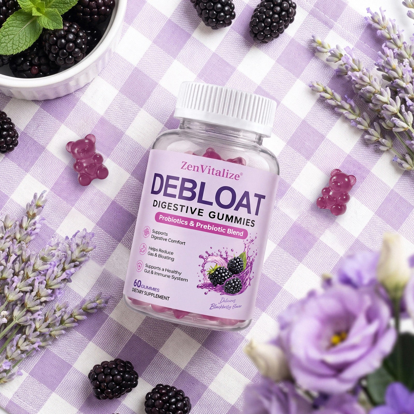 ZenVitalize Gut Health Gummies | Probiotic + Prebiotic Daily Digestive Support with Delicious Blackberry Flavor