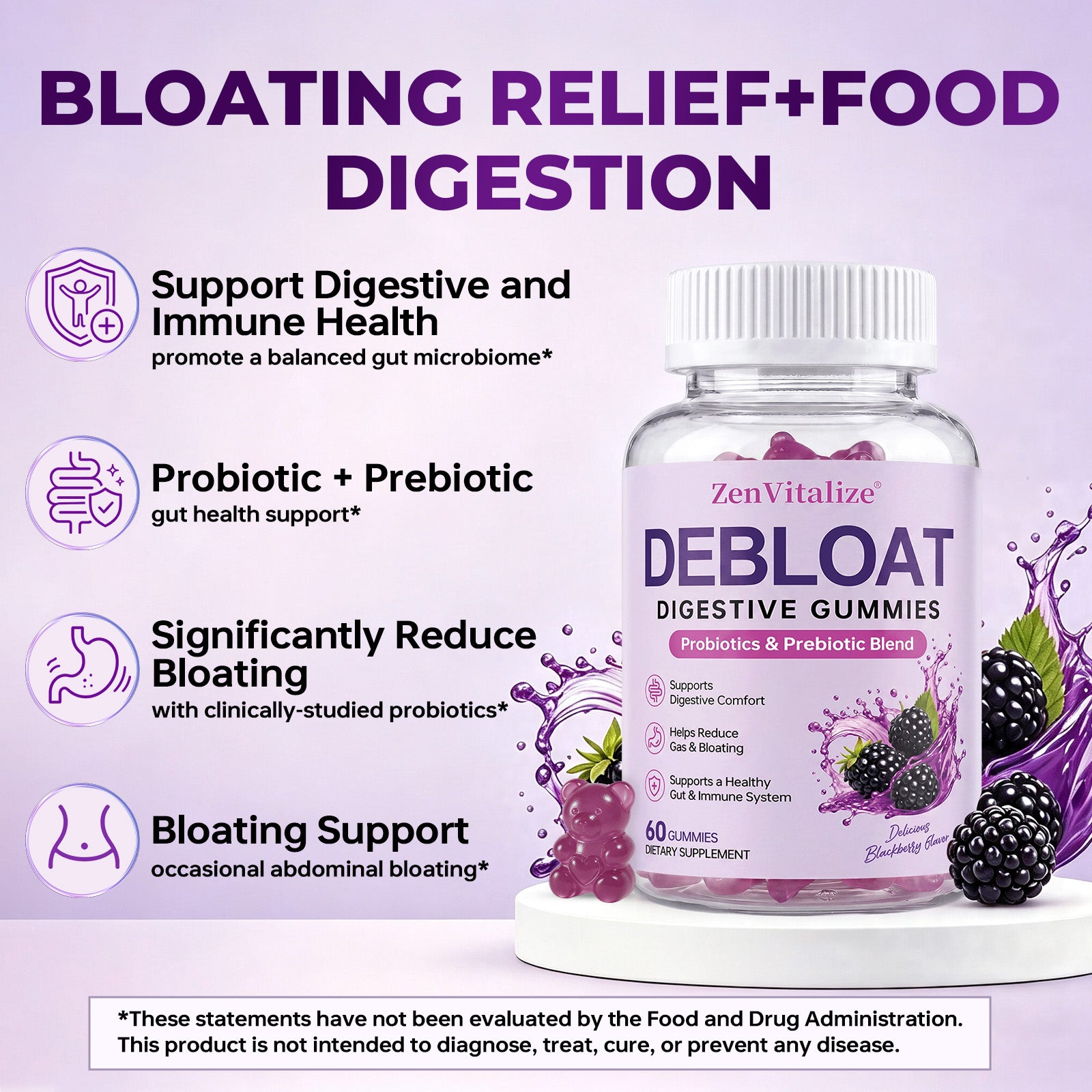 ZenVitalize Gut Health Gummies | Probiotic + Prebiotic Daily Digestive Support with Delicious Blackberry Flavor