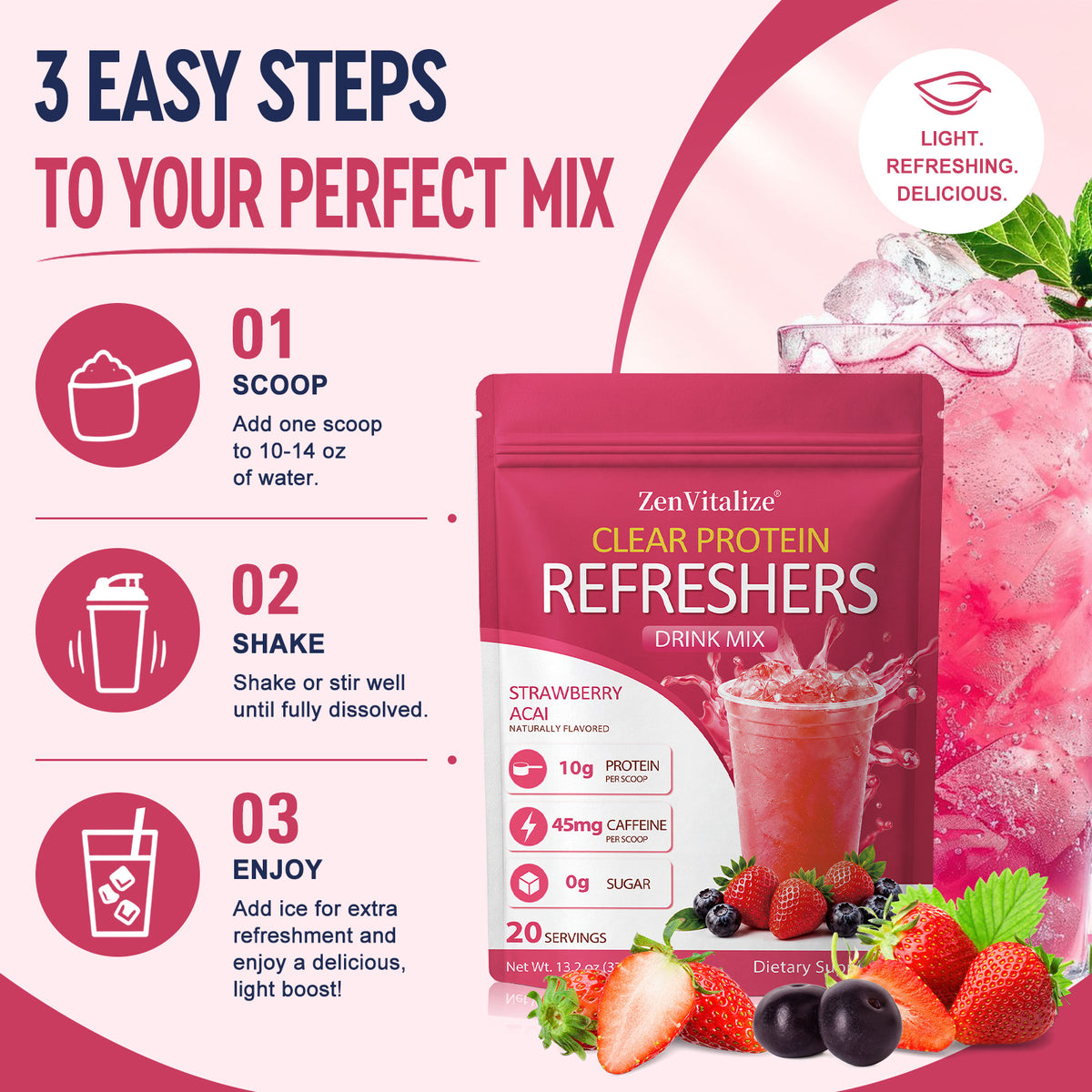 ZenVitalize® Clear Protein Refreshers Strawberry Acai Drink Mix