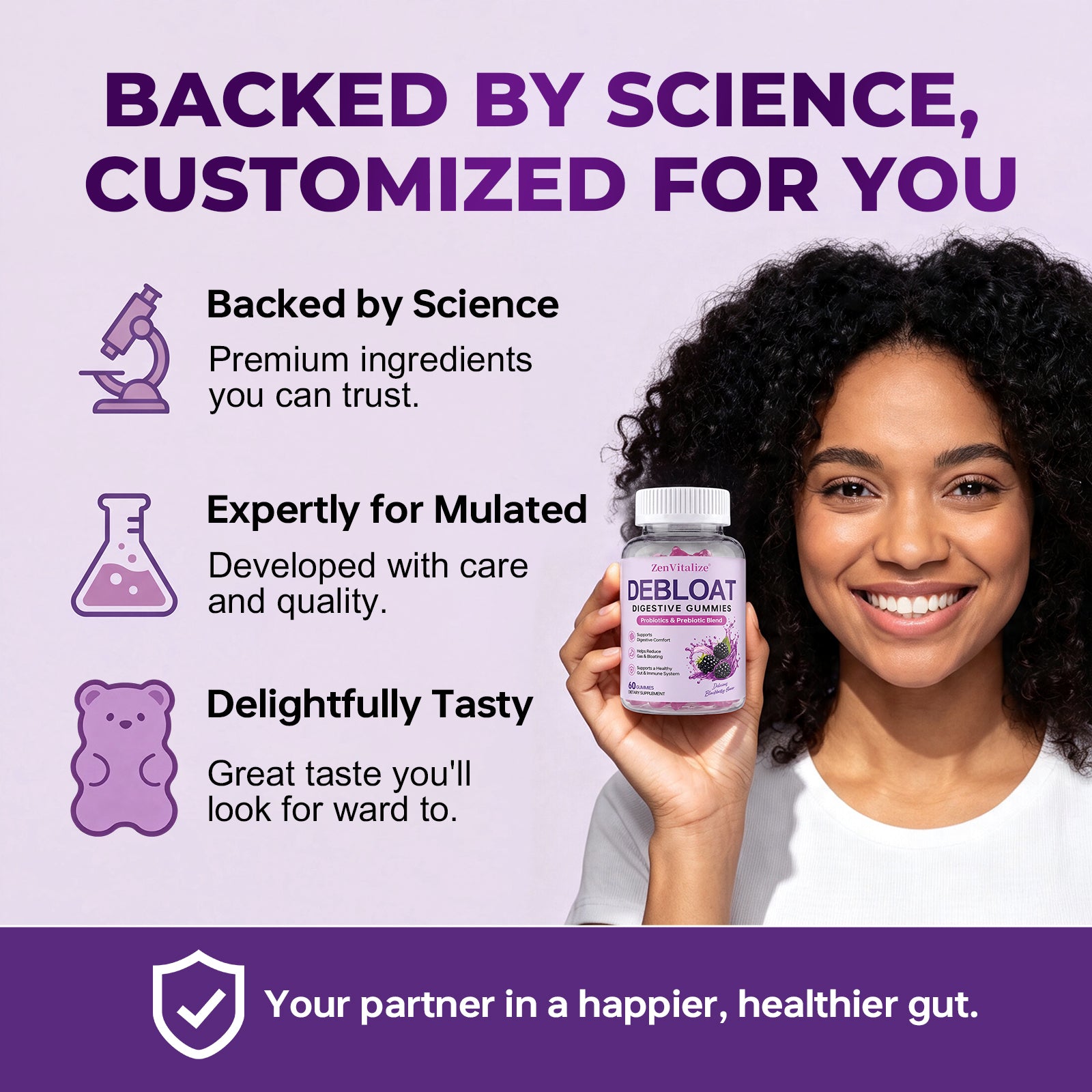ZenVitalize Gut Health Gummies | Probiotic + Prebiotic Daily Digestive Support with Delicious Blackberry Flavor