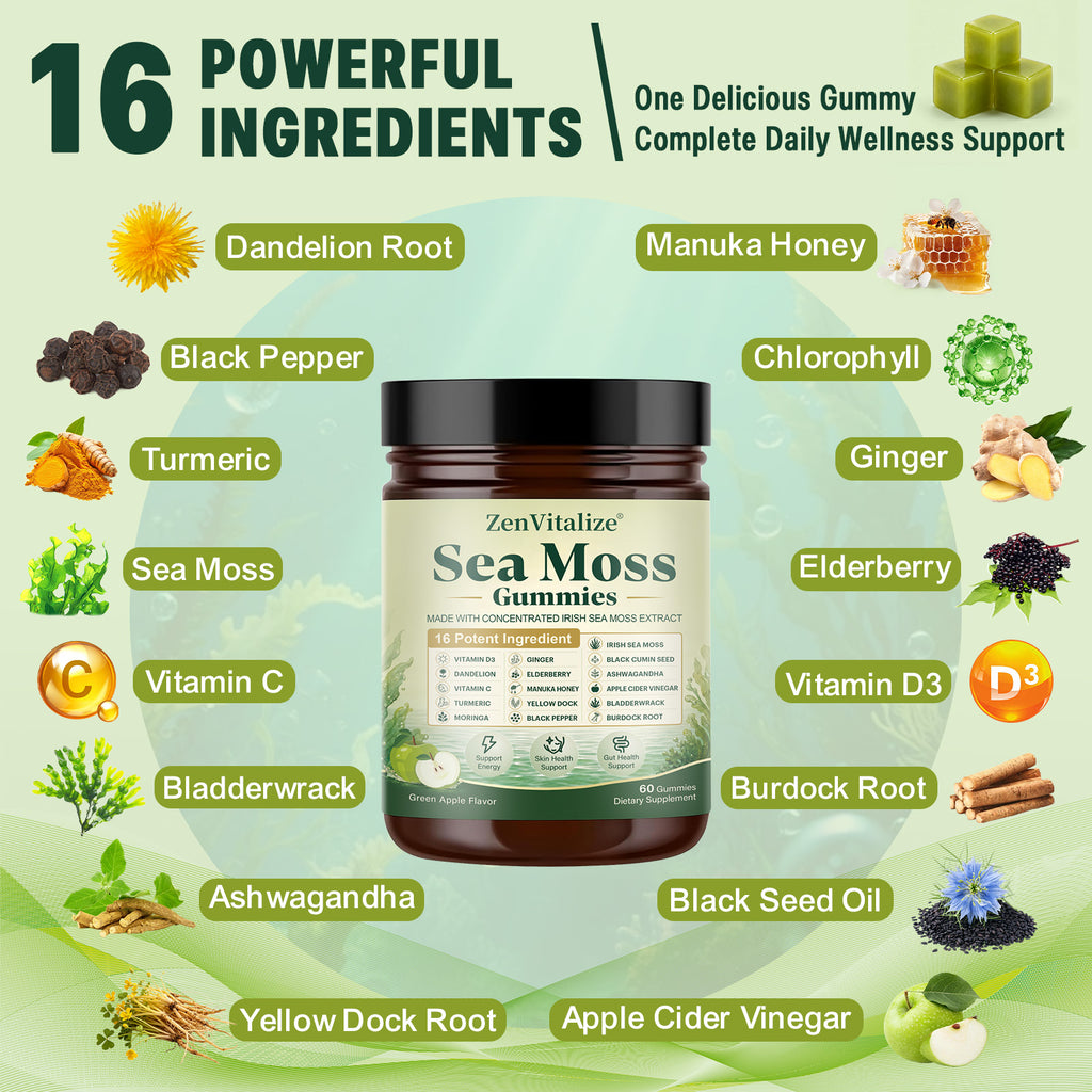ZenVitalize Irish Sea Moss Gummies | Mineral-Rich Superfood Blend for Energy, Skin & Gut Wellness