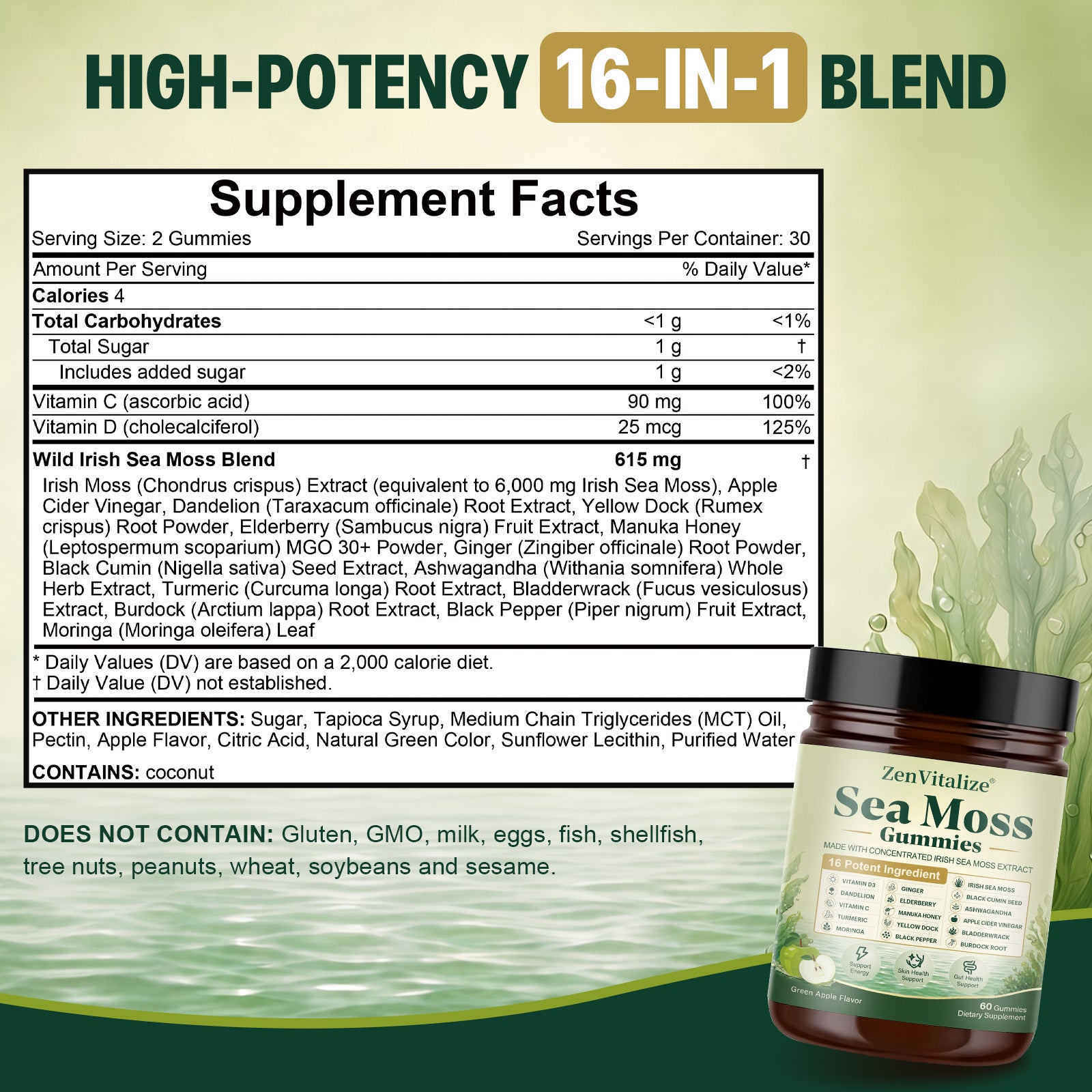 ZenVitalize Irish Sea Moss Gummies | Mineral-Rich Superfood Blend for Energy, Skin & Gut Wellness