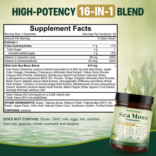 ZenVitalize Irish Sea Moss Gummies | Mineral-Rich Superfood Blend for Energy, Skin & Gut Wellness