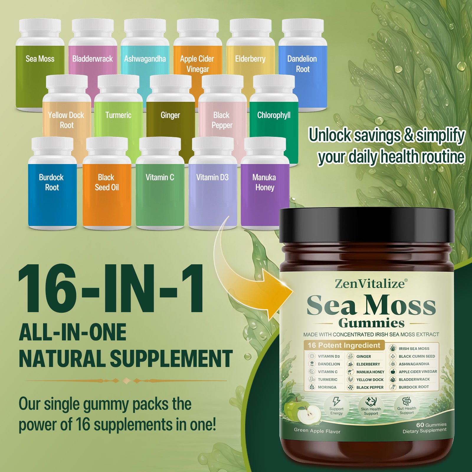 ZenVitalize Irish Sea Moss Gummies | Mineral-Rich Superfood Blend for Energy, Skin & Gut Wellness