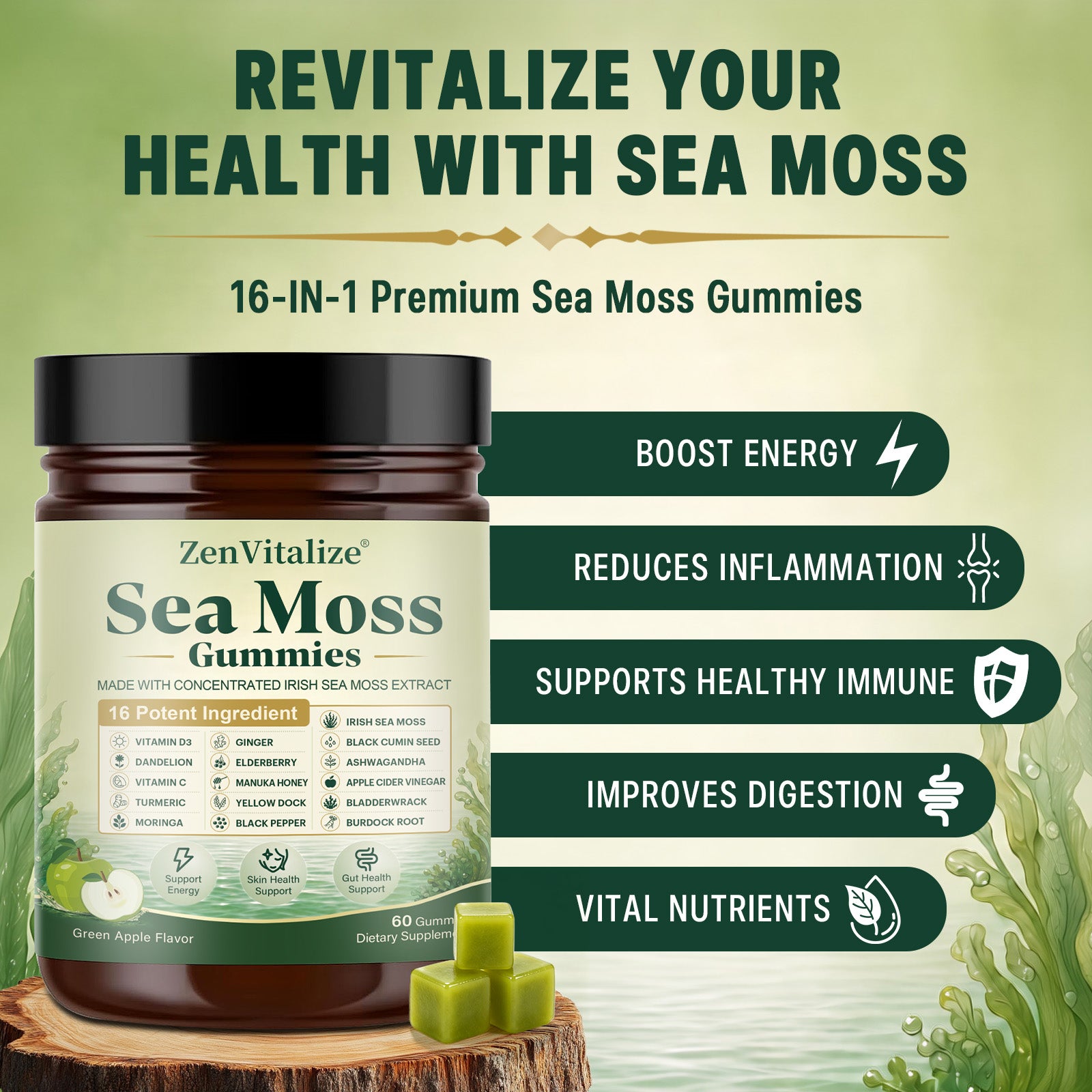 ZenVitalize Irish Sea Moss Gummies | Mineral-Rich Superfood Blend for Energy, Skin & Gut Wellness