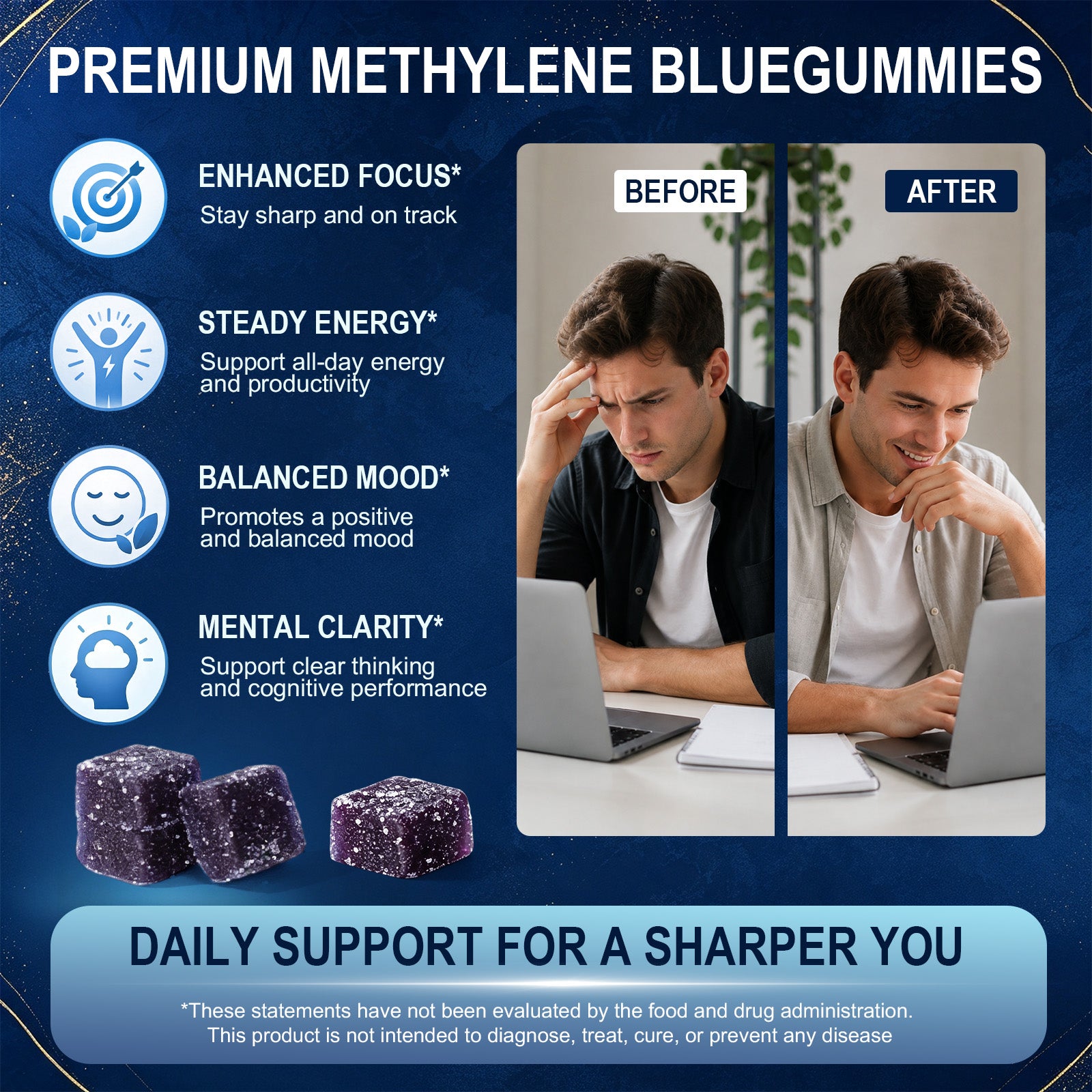 ZenVitalize® 99.9% Pure Methylene Blue Gummies – Nootropic Supplement for Cognitive Support, Cellular Energy & Mental Clarity