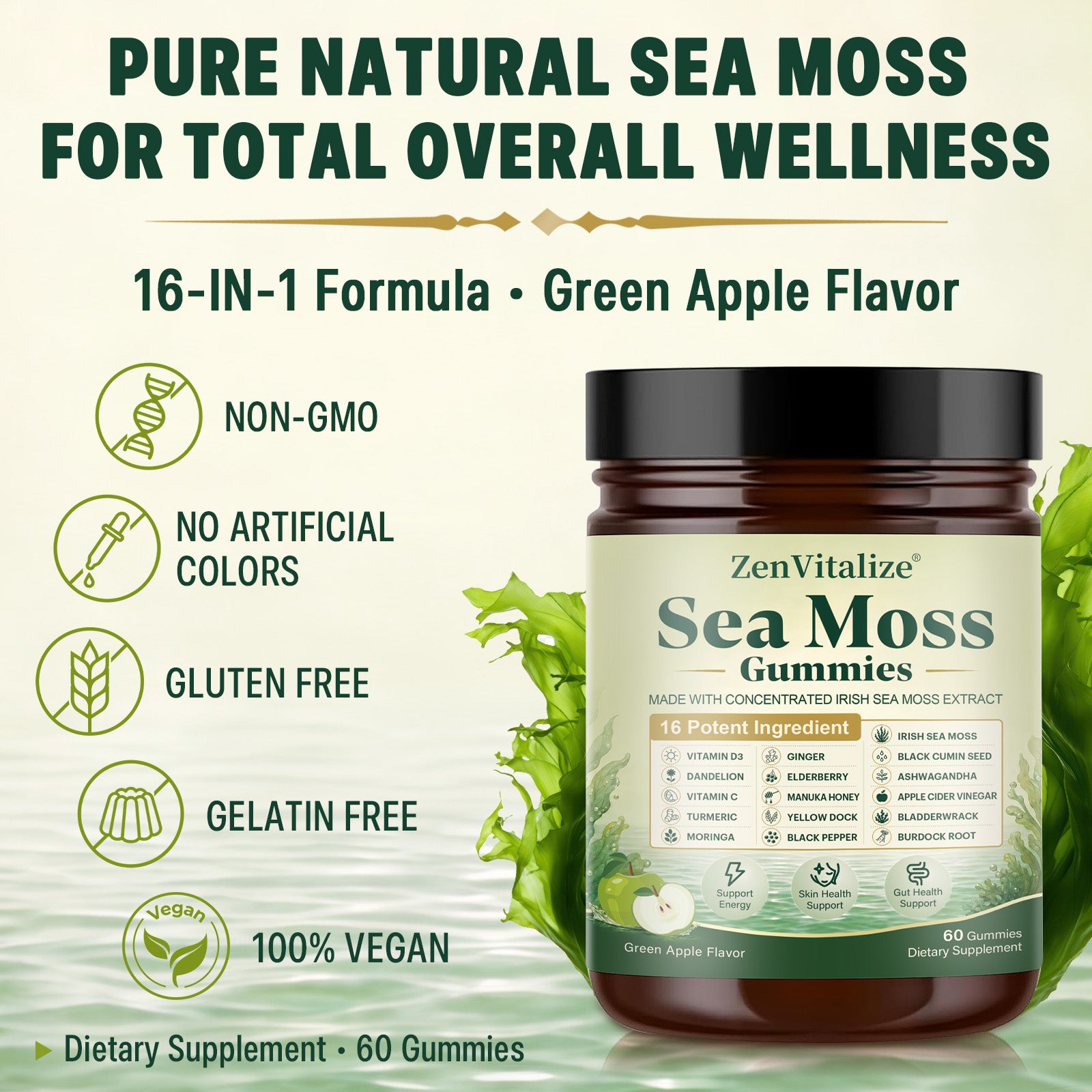 ZenVitalize Irish Sea Moss Gummies | Mineral-Rich Superfood Blend for Energy, Skin & Gut Wellness