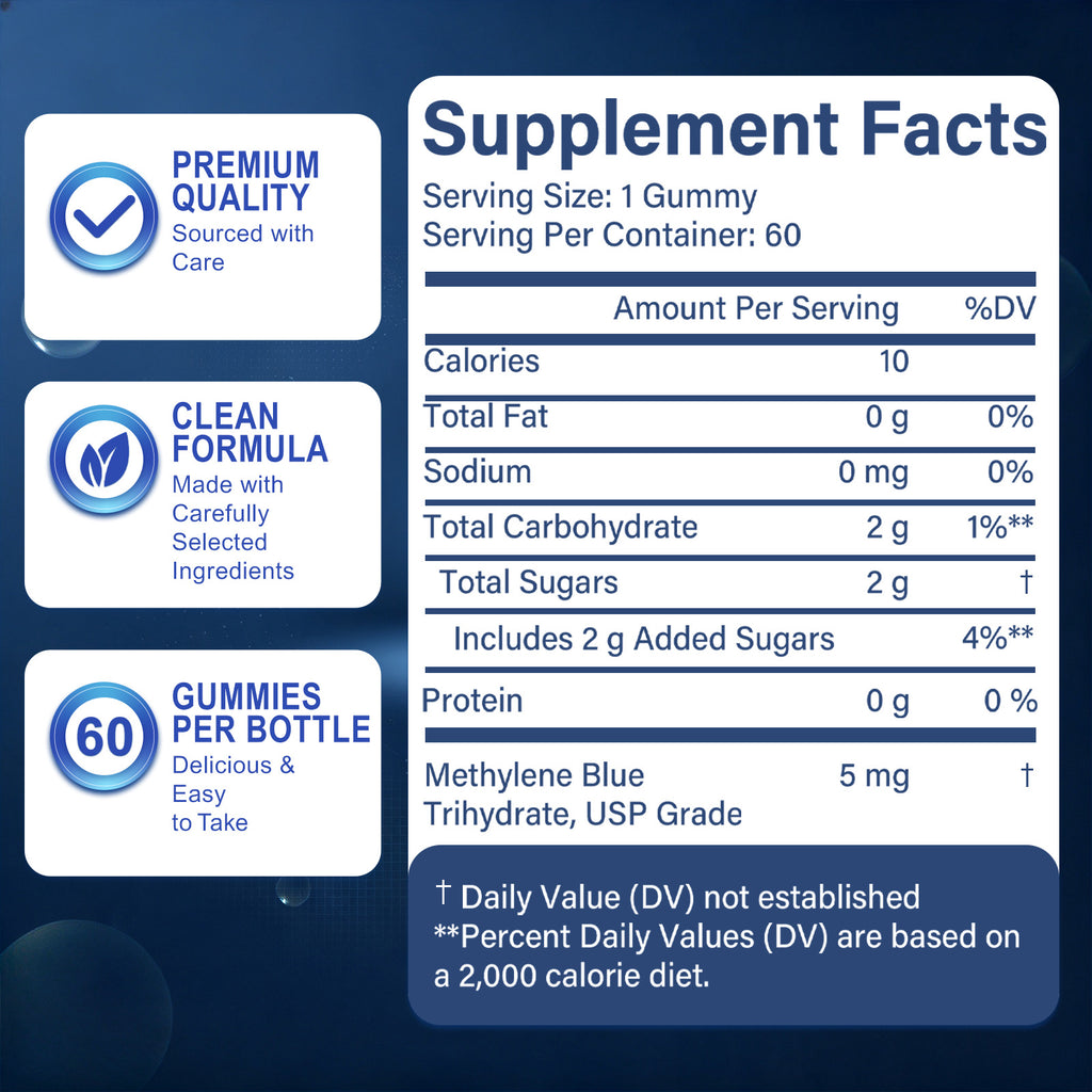 ZenVitalize® 99.9% Pure Methylene Blue Gummies – Nootropic Supplement for Cognitive Support, Cellular Energy & Mental Clarity